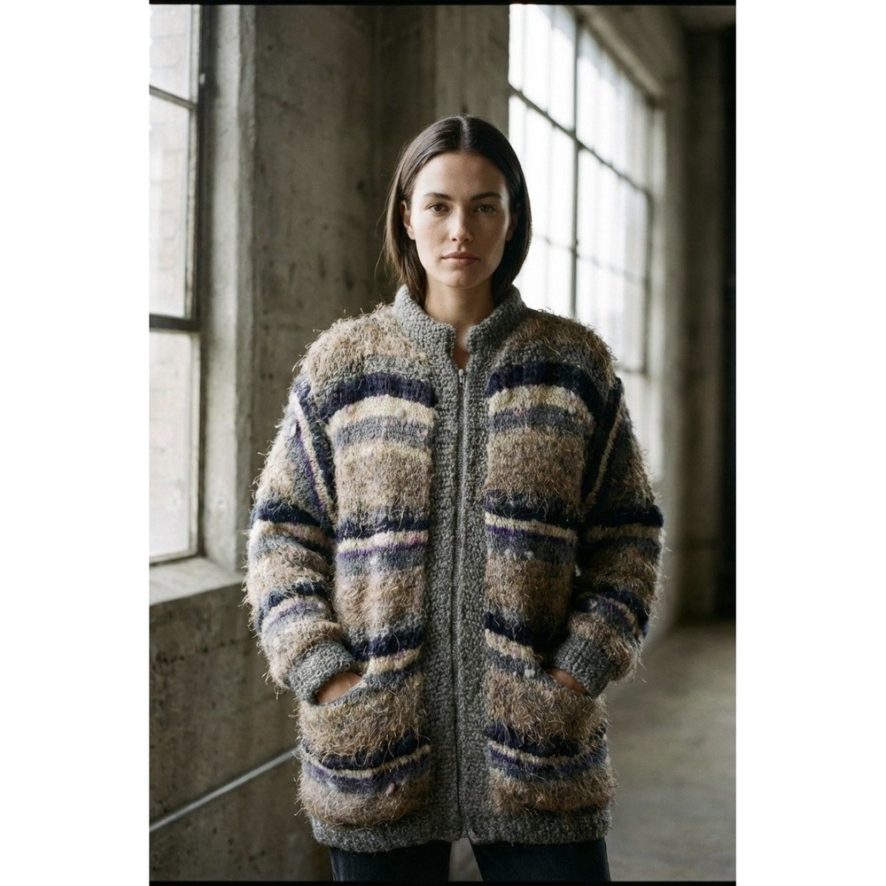 Vintage‎ Fuzzy Eyelash Knit Zip Cardigan Sweater Lined Striped Metallic L/XL